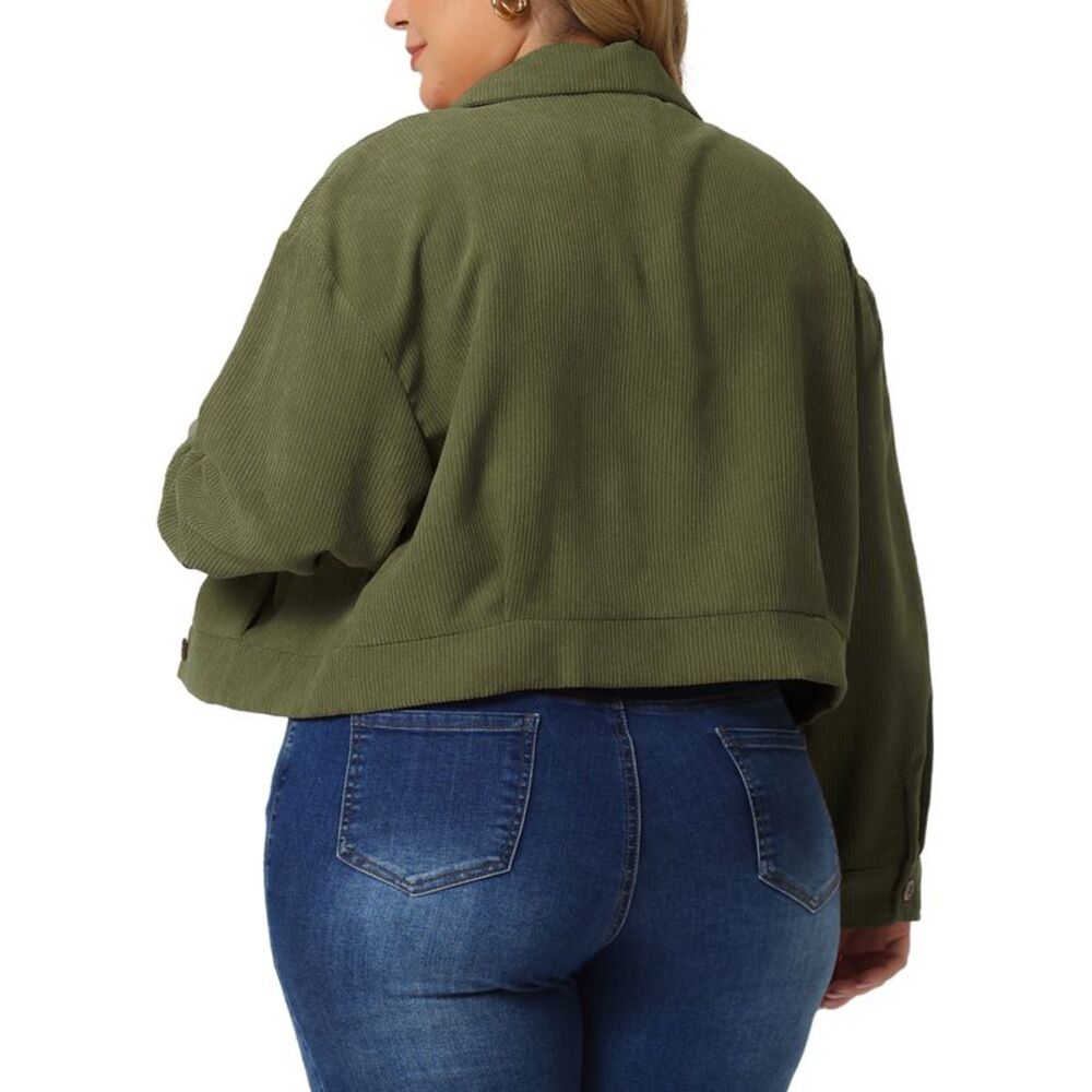 Plus Size Lightweight Cropped Button Down Corduroy Shacket Jackets Army Green - Picture 4 of 5